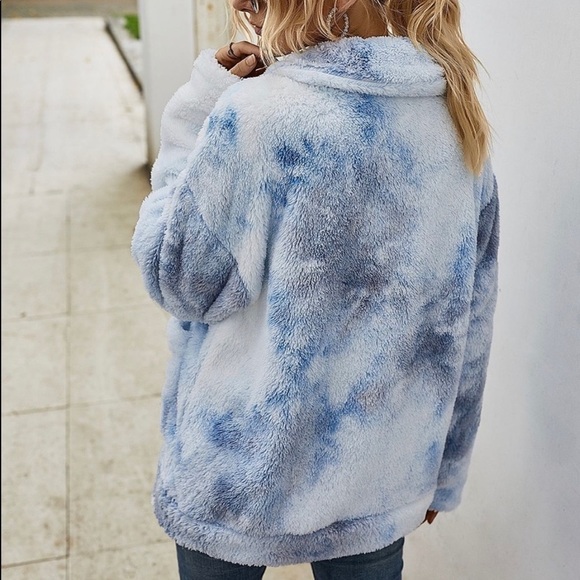 23) New! Teddy Tie Dye Blue Sherpa fleece tie dye zip Up Jacket Coat - Picture 5 of 6